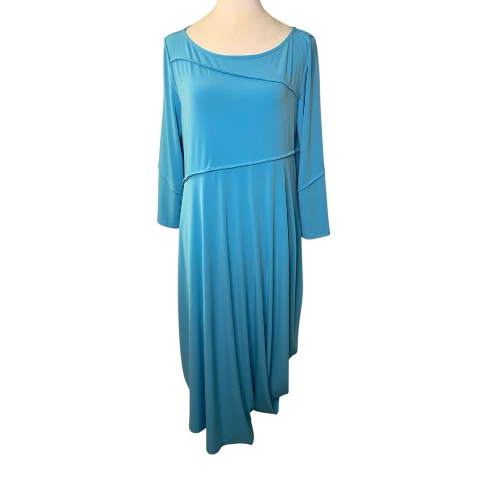 NWT IC by Connie K Large Turquoise Stretch Knit Asymmetrical Hem Dress - FLAWED